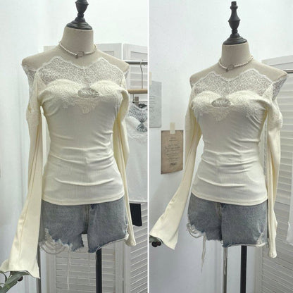 Off-Shoulder Lace Panel Long Sleeve Fitted Top