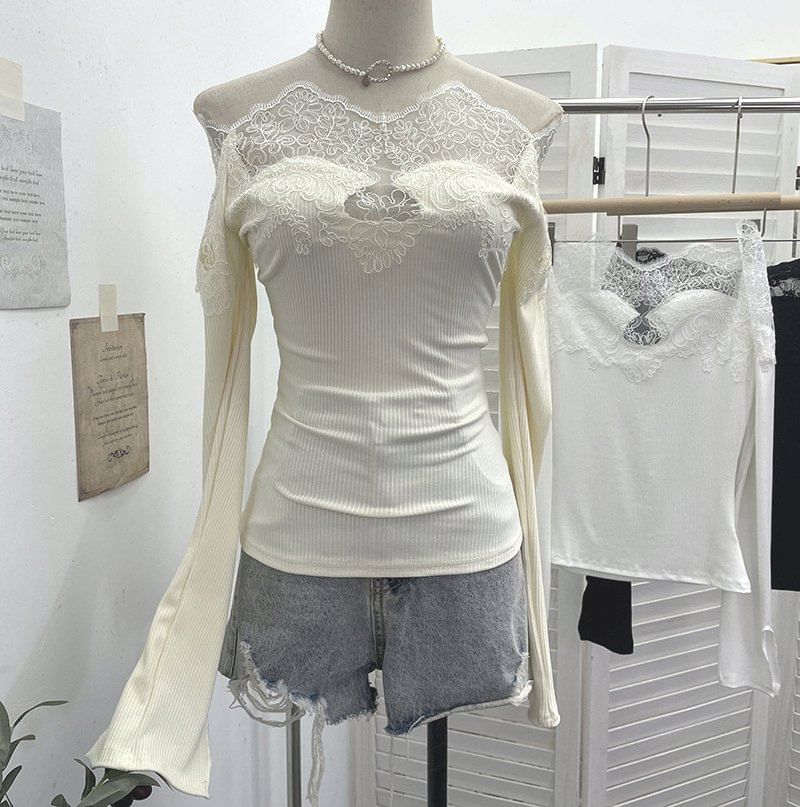 Off-Shoulder Lace Panel Long Sleeve Fitted Top