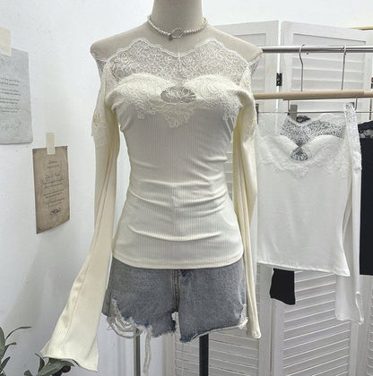 Off-Shoulder Lace Panel Long Sleeve Fitted Top
