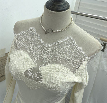 Off-Shoulder Lace Panel Long Sleeve Fitted Top