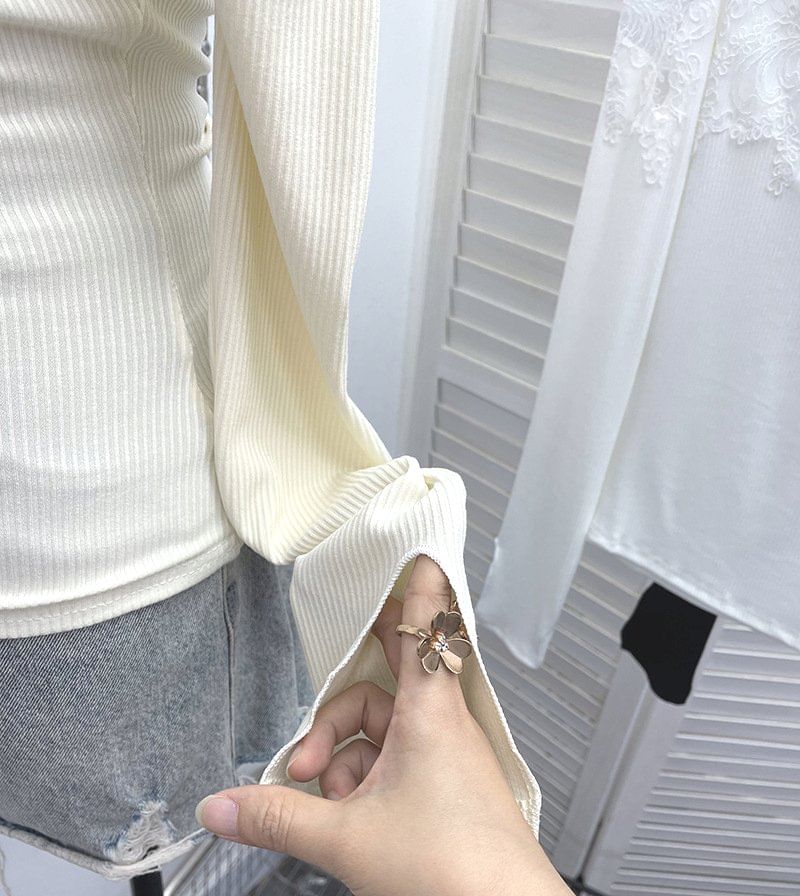 Off-Shoulder Lace Panel Long Sleeve Fitted Top