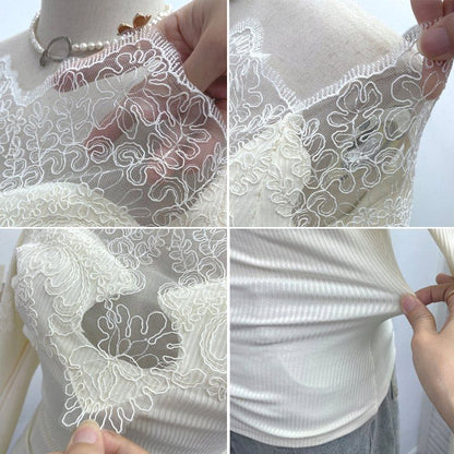 Off-Shoulder Lace Panel Long Sleeve Fitted Top