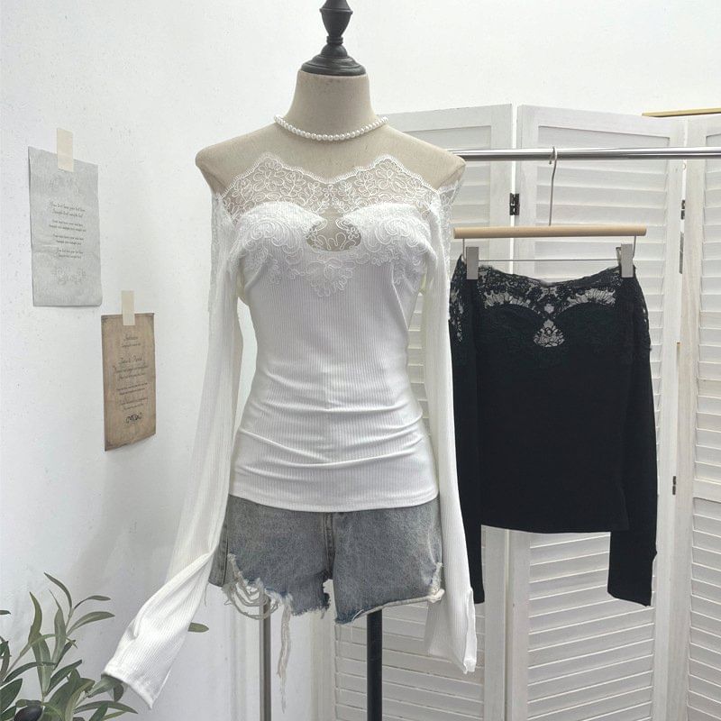 Off-Shoulder Lace Panel Long Sleeve Fitted Top