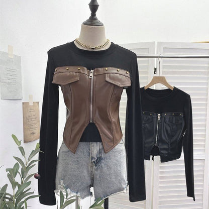 Faux Leather Panel Zip Crop Top with Studs