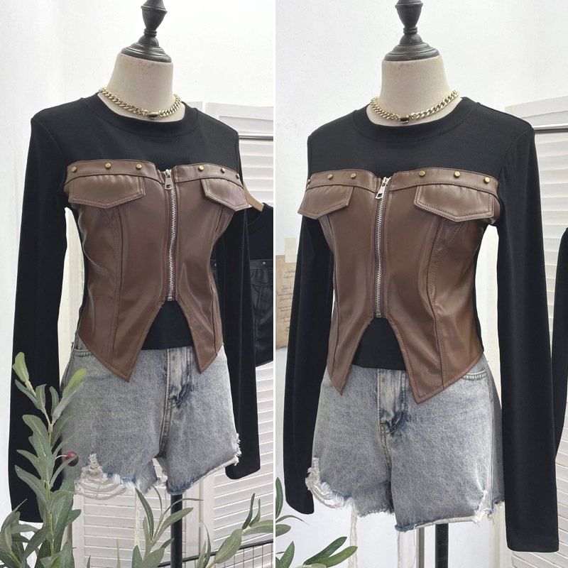Faux Leather Panel Zip Crop Top with Studs