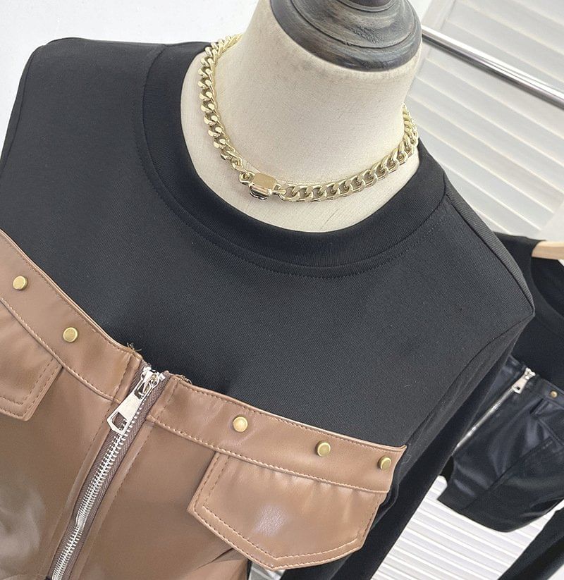 Faux Leather Panel Zip Crop Top with Studs