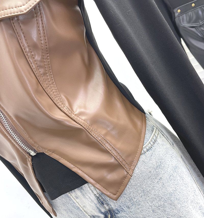 Faux Leather Panel Zip Crop Top with Studs