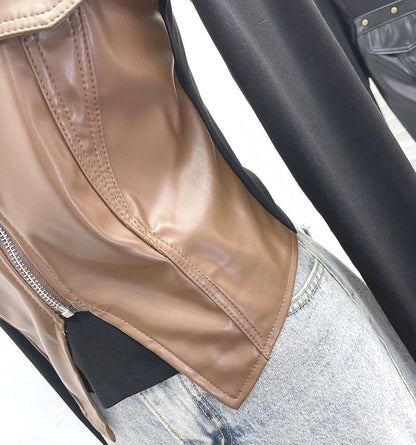 Faux Leather Panel Zip Crop Top with Studs