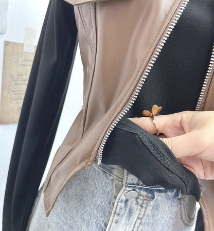 Faux Leather Panel Zip Crop Top with Studs