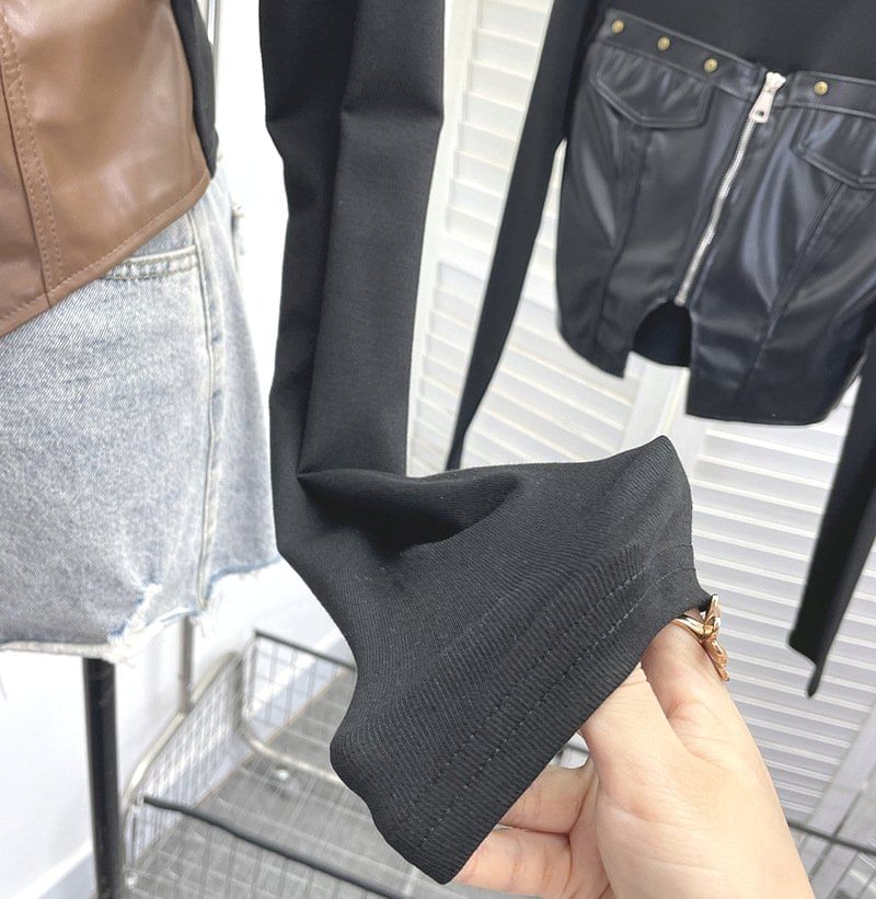 Faux Leather Panel Zip Crop Top with Studs
