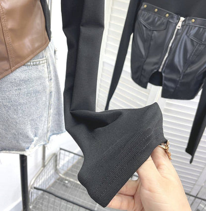Faux Leather Panel Zip Crop Top with Studs