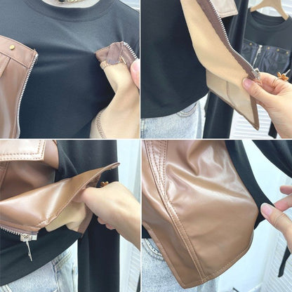 Faux Leather Panel Zip Crop Top with Studs