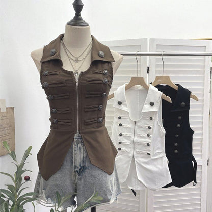 Zip-Up Collared Vest with Slit Details