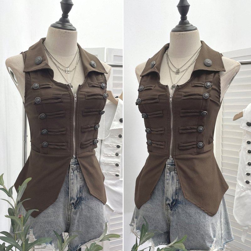 Zip-Up Collared Vest with Slit Details