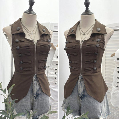 Zip-Up Collared Vest with Slit Details