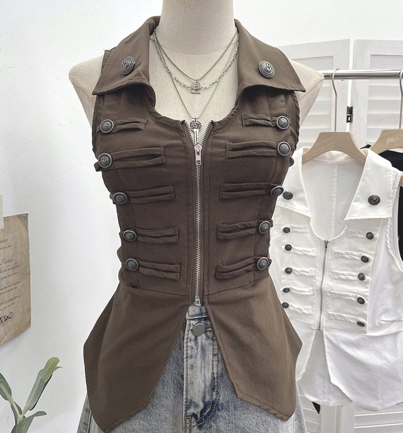 Zip-Up Collared Vest with Slit Details
