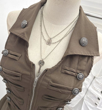 Zip-Up Collared Vest with Slit Details