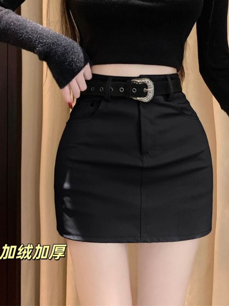 High Waist Mini Pencil Skirt Set with Faux Leather Belt