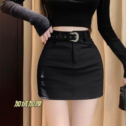 High Waist Mini Pencil Skirt Set with Faux Leather Belt
