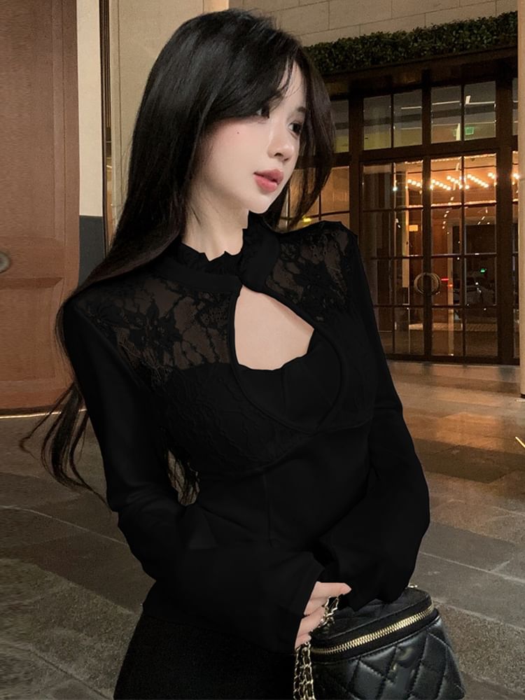 Long-Sleeve Lace Panel Keyhole Ruffled Top