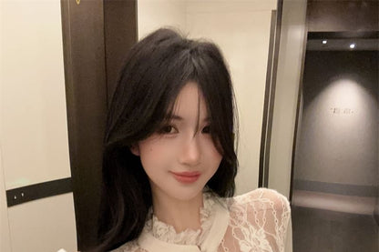 Long-Sleeve Lace Panel Keyhole Ruffled Top
