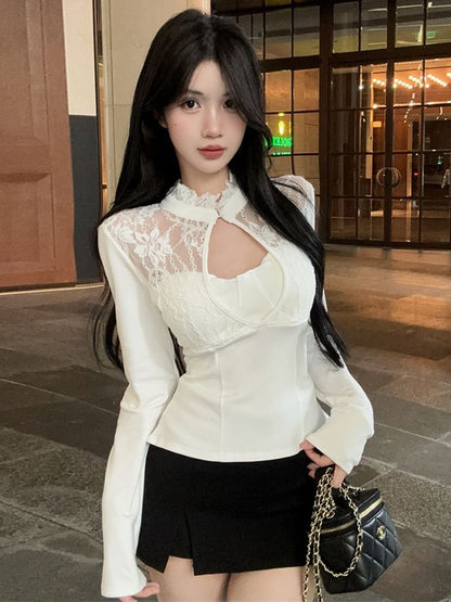 Long-Sleeve Lace Panel Keyhole Ruffled Top