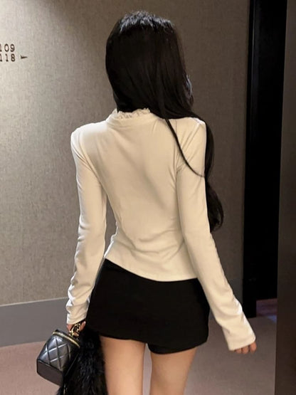 Long-Sleeve Lace Panel Keyhole Ruffled Top
