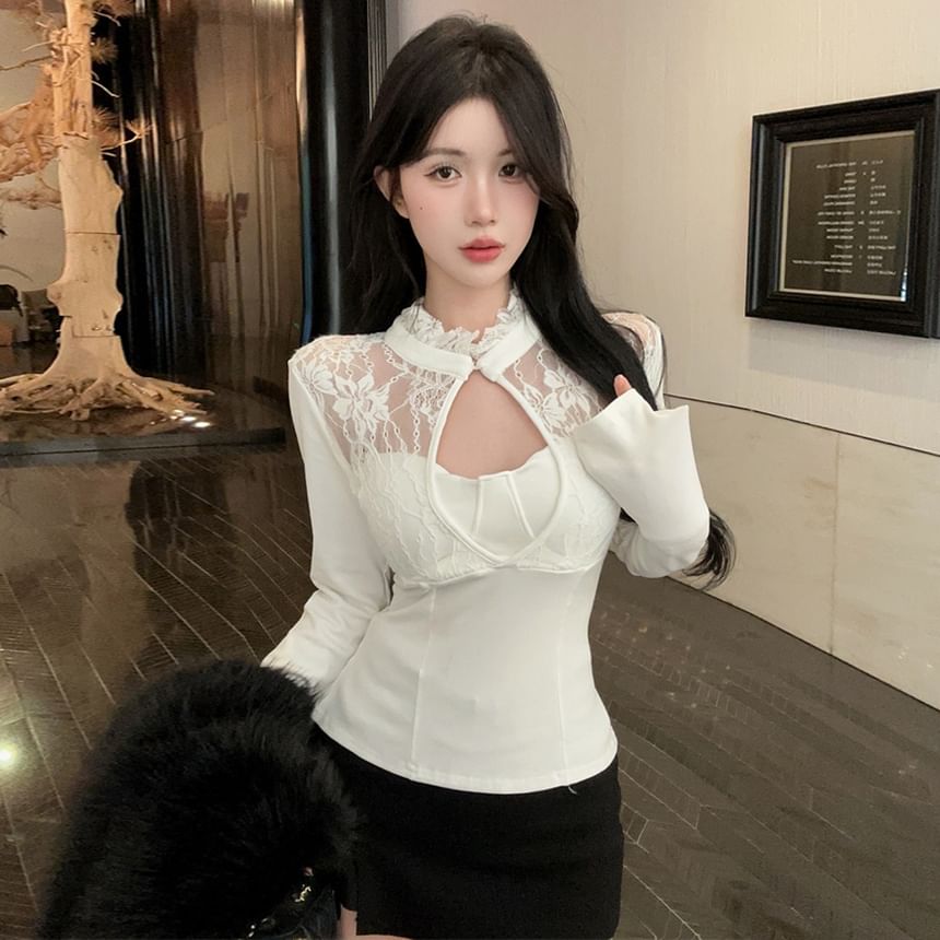Long-Sleeve Lace Panel Keyhole Ruffled Top