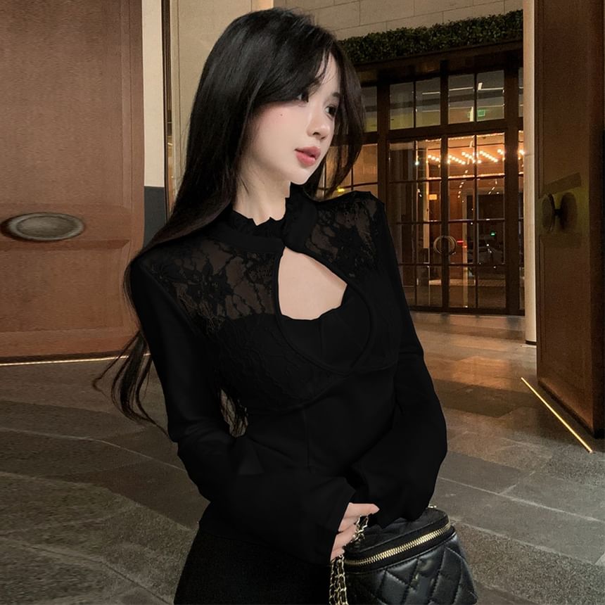 Long-Sleeve Lace Panel Keyhole Ruffled Top