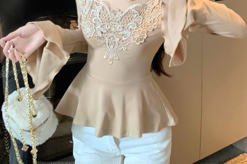 Bell-Sleeve Sweetheart-Neckline Lace Panel Blouse