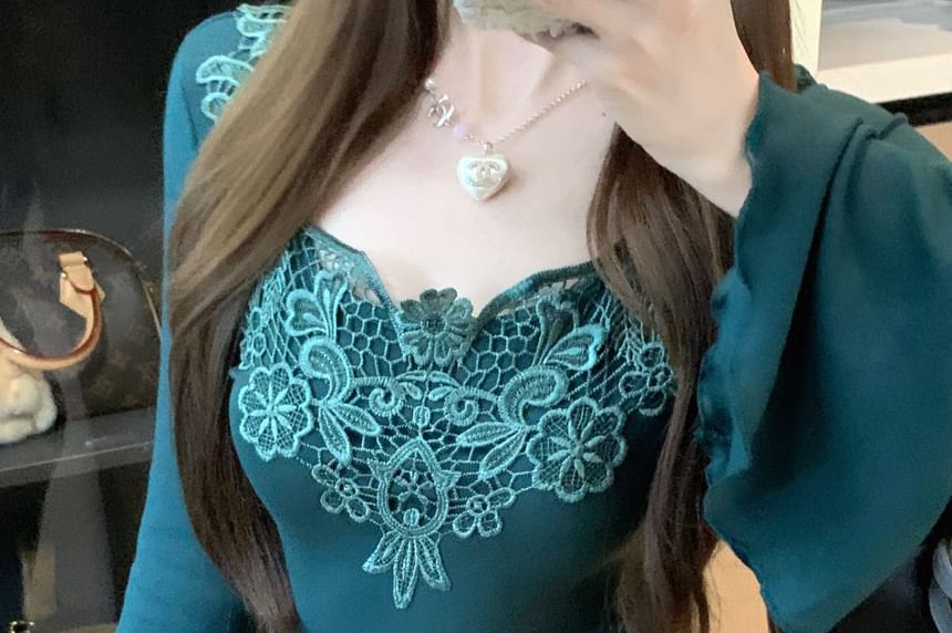 Bell-Sleeve Sweetheart-Neckline Lace Panel Blouse