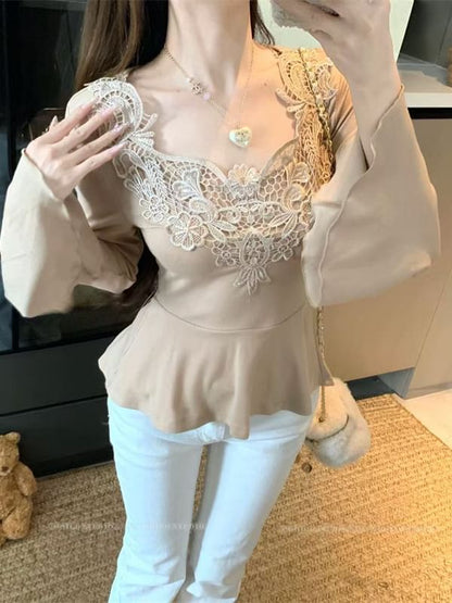 Bell-Sleeve Sweetheart-Neckline Lace Panel Blouse