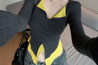 Two-Tone Ribbed Button-Up Knit Top with Long Sleeves