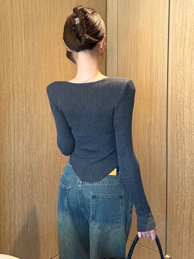Two-Tone Ribbed Button-Up Knit Top with Long Sleeves