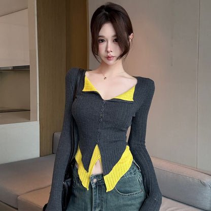 Two-Tone Ribbed Button-Up Knit Top with Long Sleeves