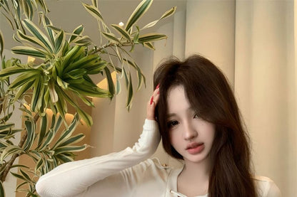 Long-Sleeve Lace-Up Plain T-Shirt