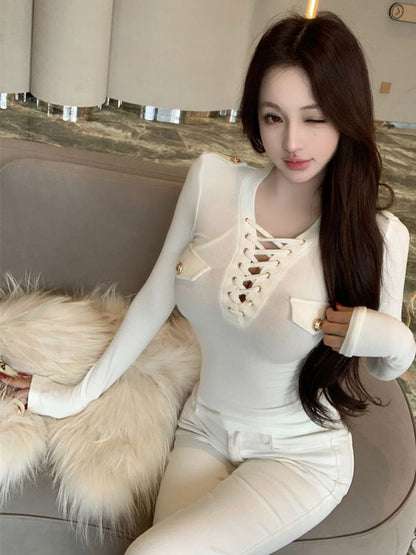 Long-Sleeve Lace-Up Plain T-Shirt