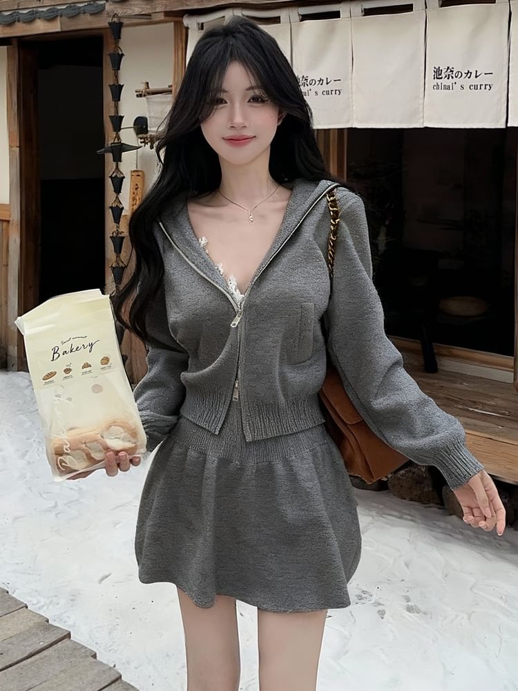 Hooded Zip Cardigan and Knit A-Line Mini Skirt Set