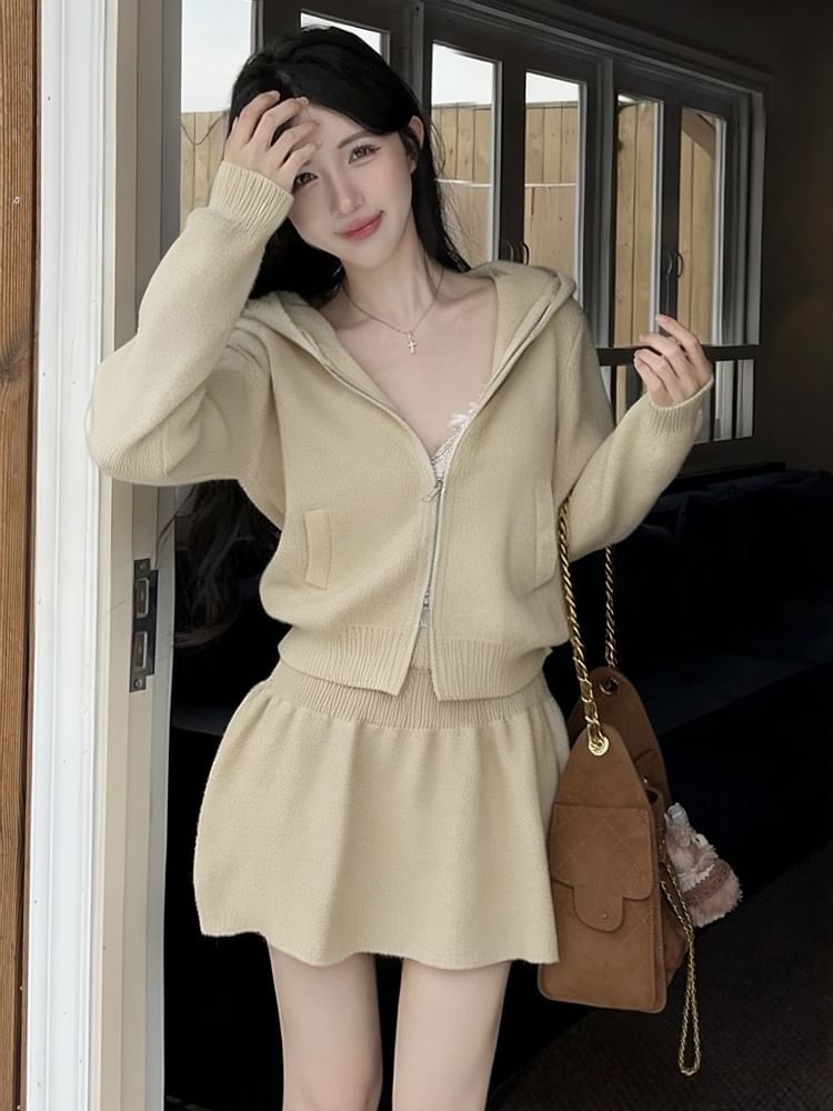 Hooded Zip Cardigan and Knit A-Line Mini Skirt Set