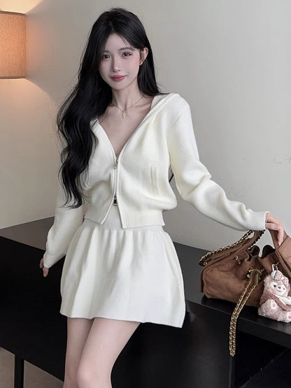 Hooded Zip Cardigan and Knit A-Line Mini Skirt Set