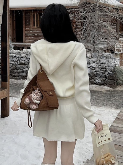 Hooded Zip Cardigan and Knit A-Line Mini Skirt Set