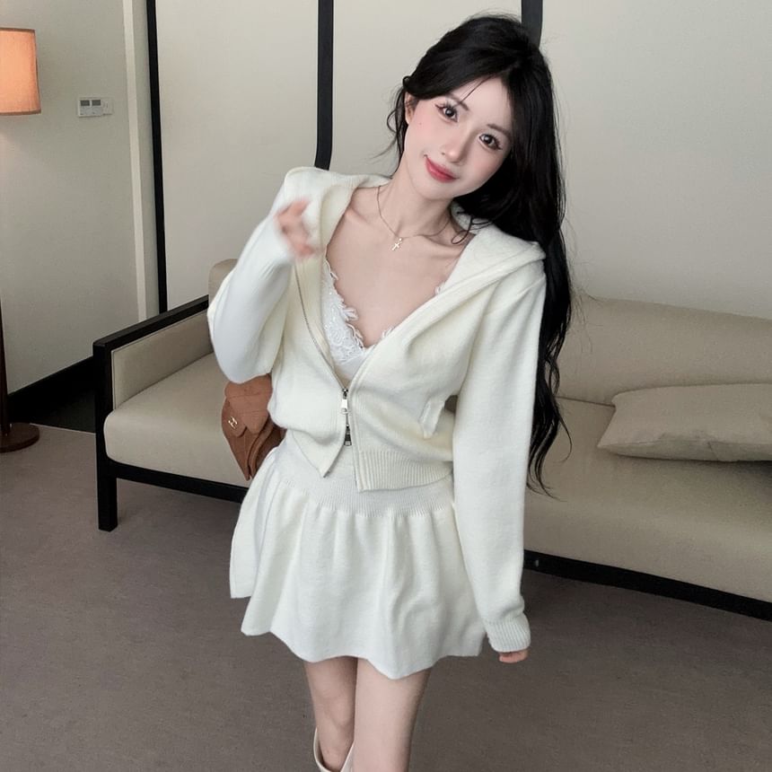 Hooded Zip Cardigan and Knit A-Line Mini Skirt Set