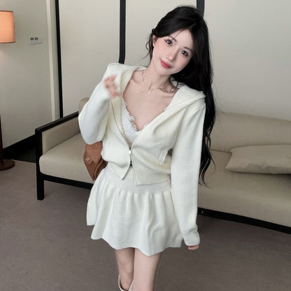 Hooded Zip Cardigan and Knit A-Line Mini Skirt Set