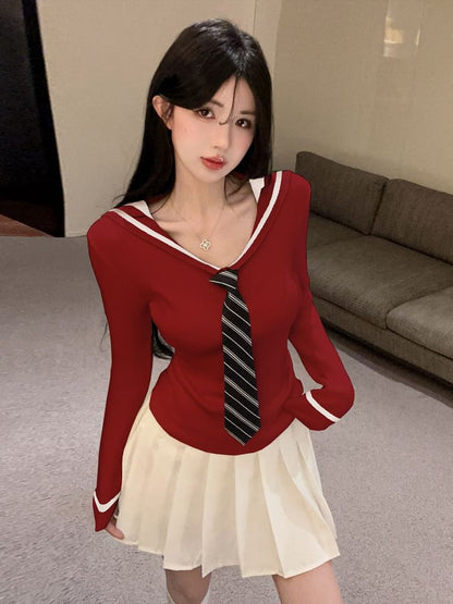 Sailor Collar Striped Knit Top and Pleated Mini Skirt Set