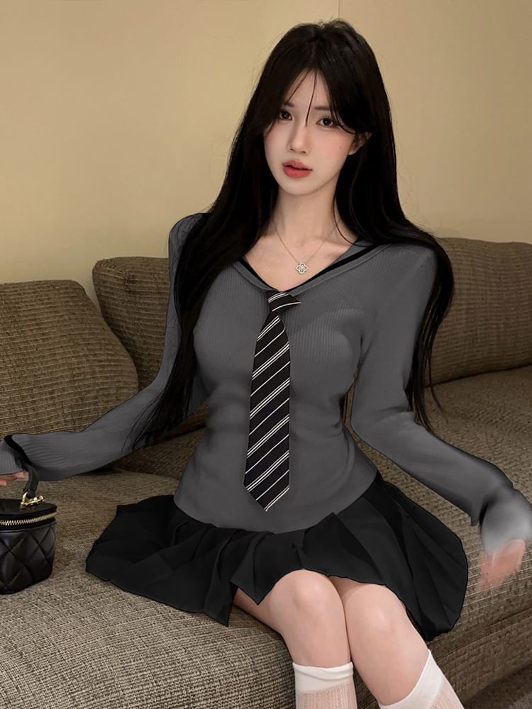 Sailor Collar Striped Knit Top and Pleated Mini Skirt Set