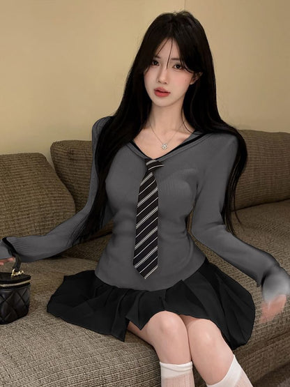 Sailor Collar Striped Knit Top and Pleated Mini Skirt Set