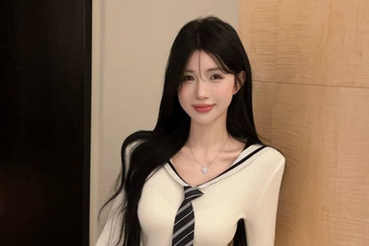 Sailor Collar Striped Knit Top and Pleated Mini Skirt Set