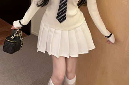 Sailor Collar Striped Knit Top and Pleated Mini Skirt Set