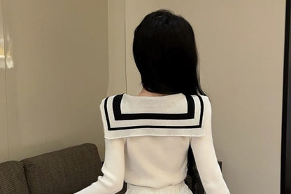 Sailor Collar Striped Knit Top and Pleated Mini Skirt Set