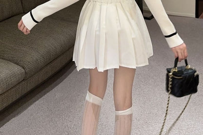 Sailor Collar Striped Knit Top and Pleated Mini Skirt Set
